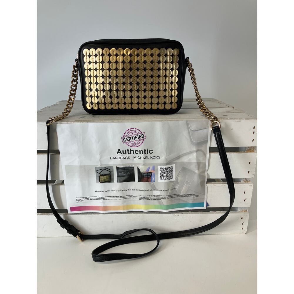 MICHAEL KORS SMALL BLACK, GOLD LEATHER CROSSBODY BAG (ASIS)